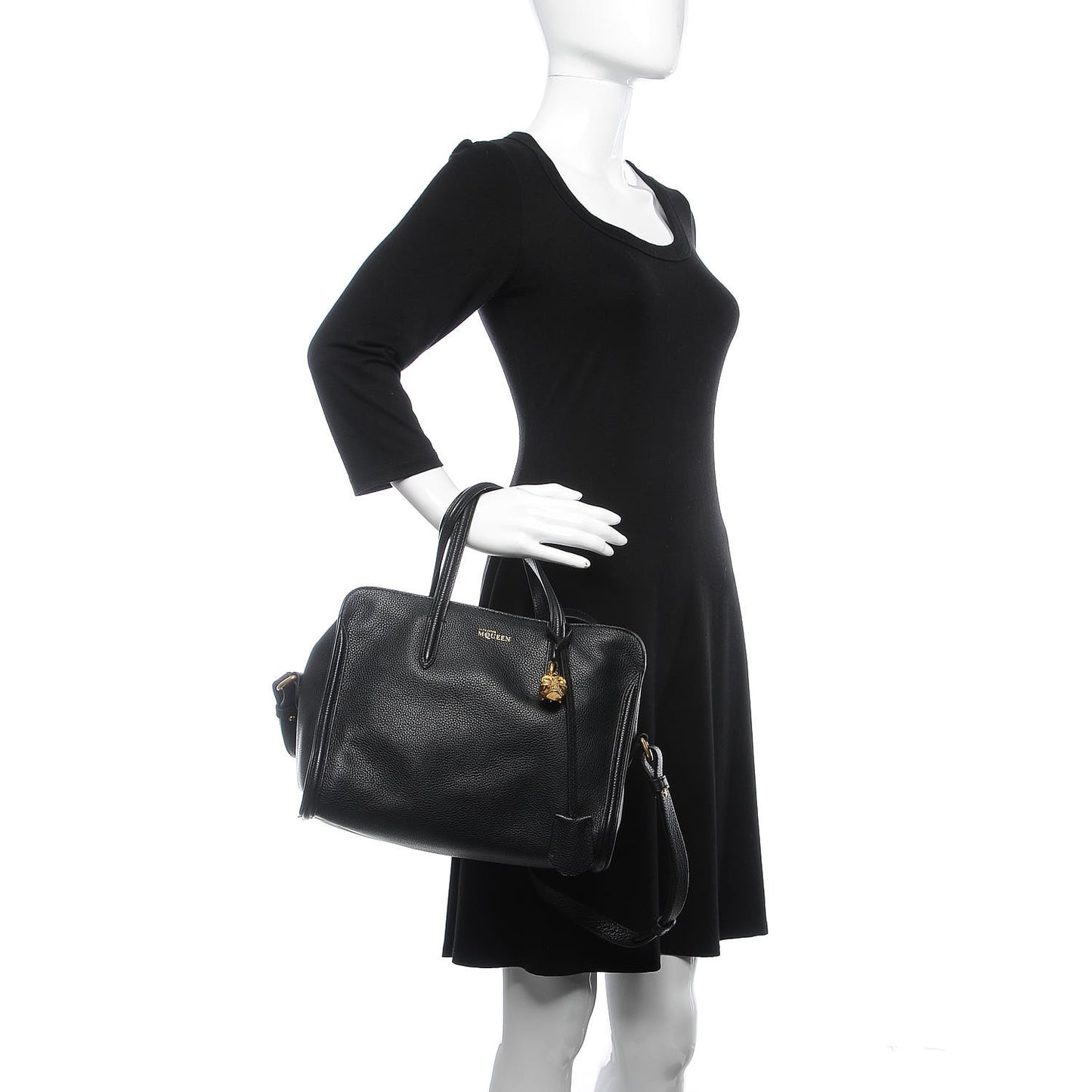 Pebbled Calfskin Small Skull Padlock Zip Around Tote Black