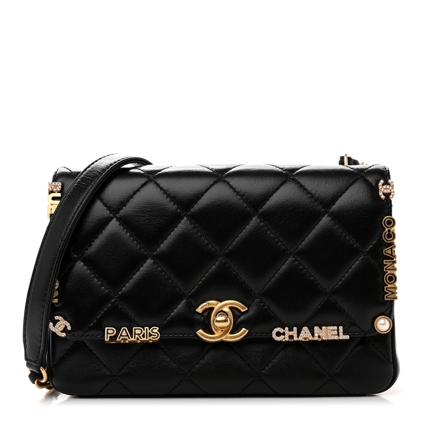 Lambskin Enamel Strass Quilted Mini Paris Monaco Flap Black