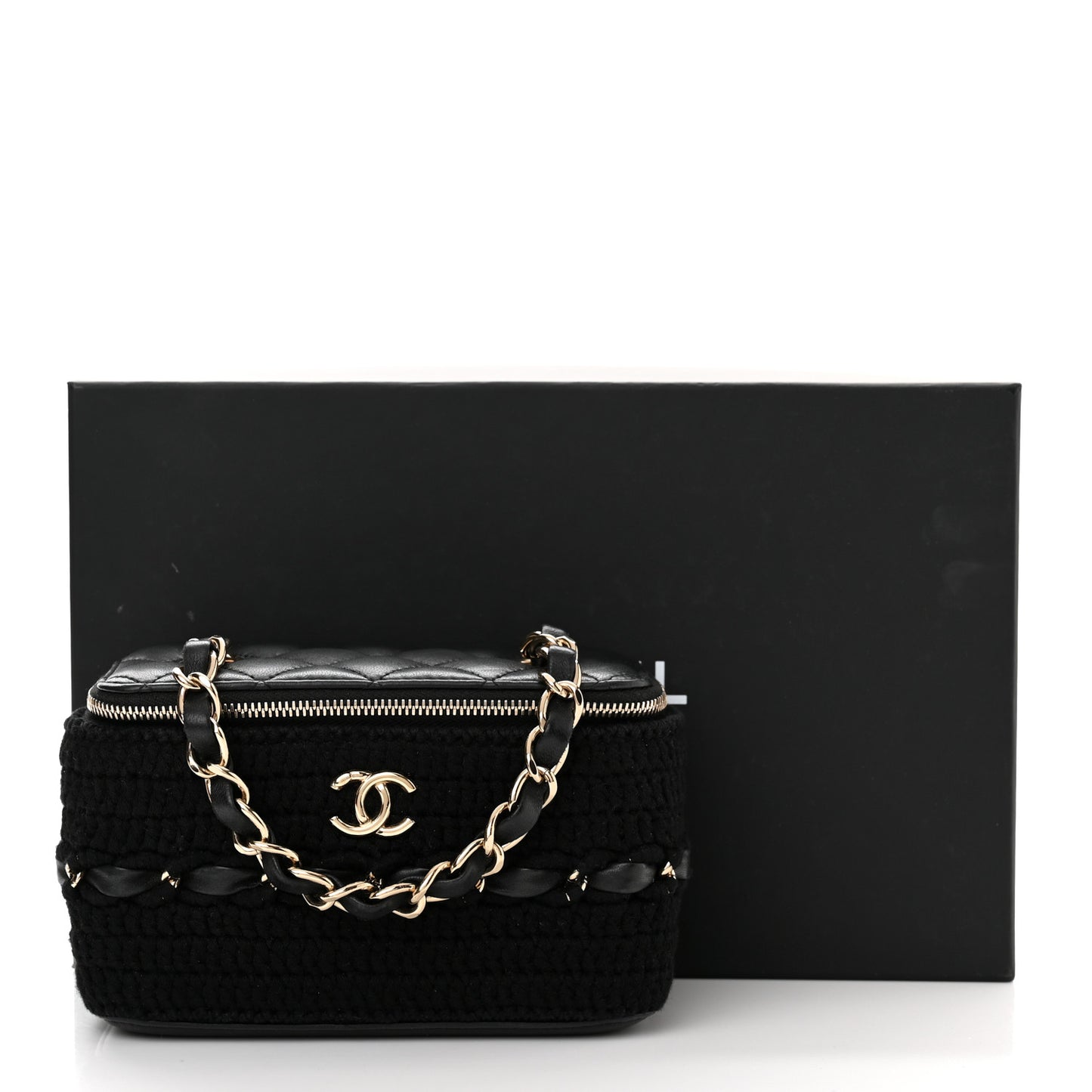 Lambskin Crochet Quilted Small Vanity Case With Chain Black