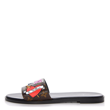 Louis Vuitton Patent Calfskin Monogram LV Black Heart Flat Mules 39 Cacao 1 of 8