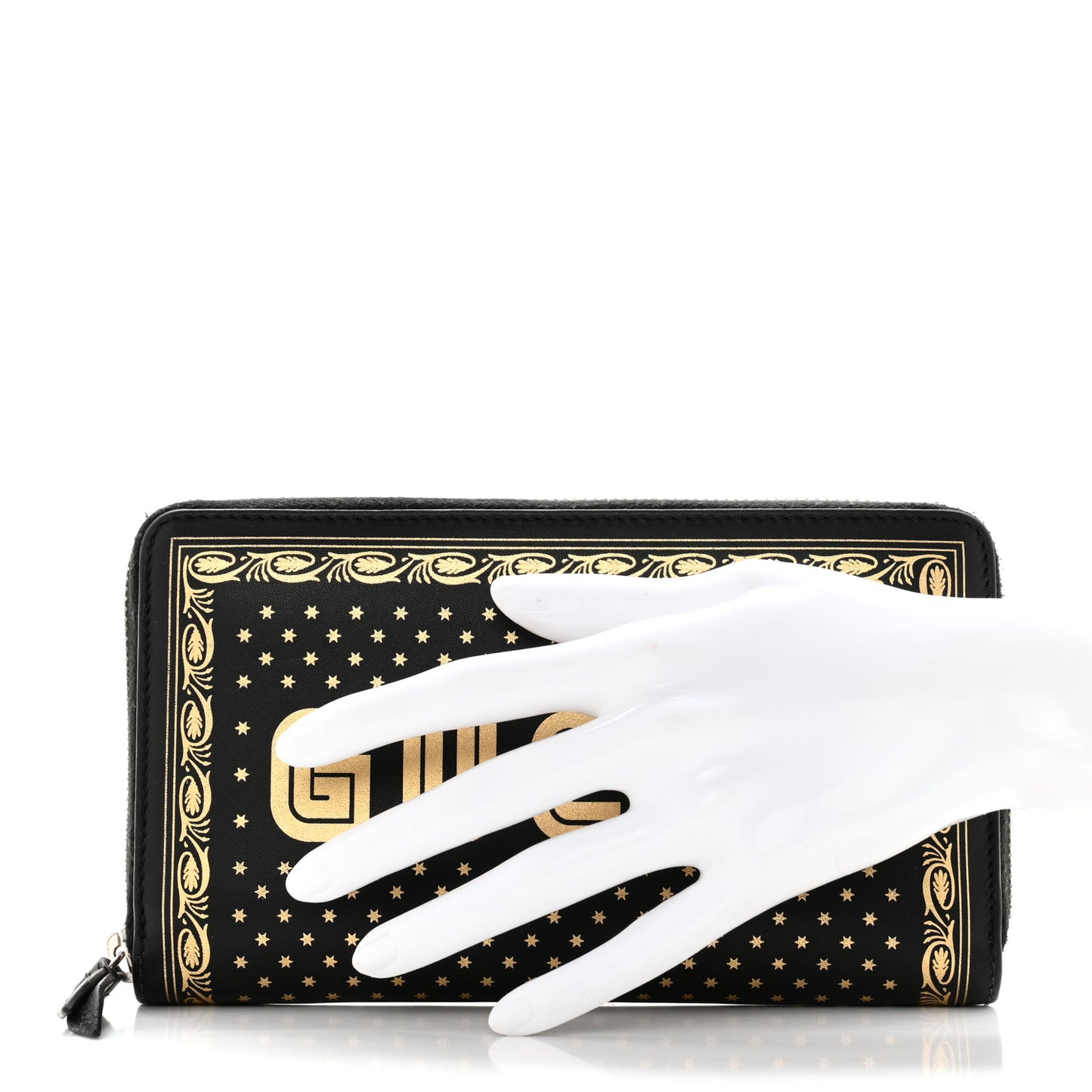 X SEGA Calfskin GUCCY Stars Zip Around Wallet Black Gold