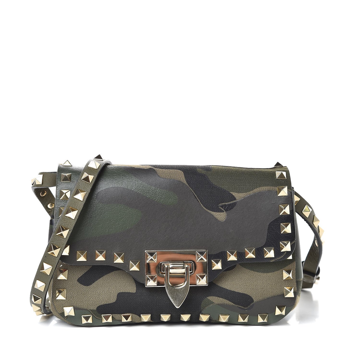 Nappa Canvas Camouflage Mini Rockstud Flap Saddle Crossbody Bag Safari