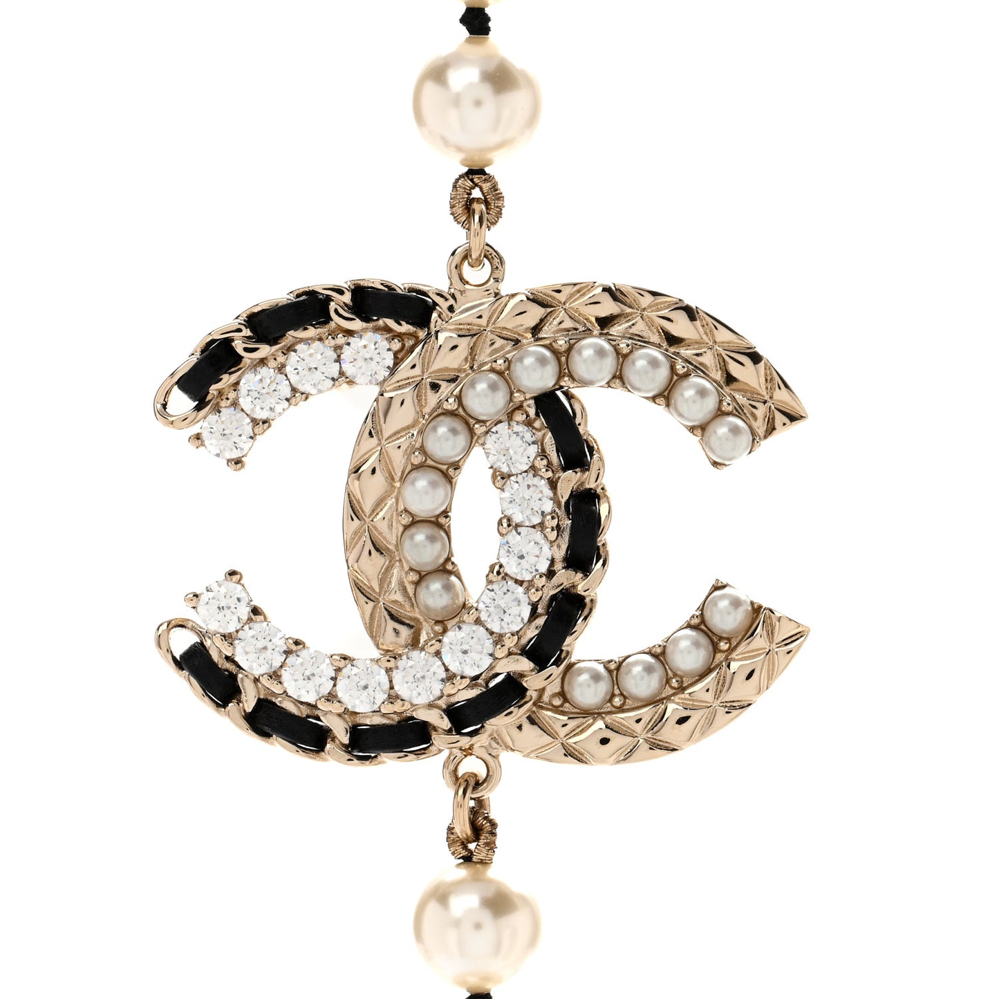 Pearl Crystal Lambskin CC Long Necklace Gold Black