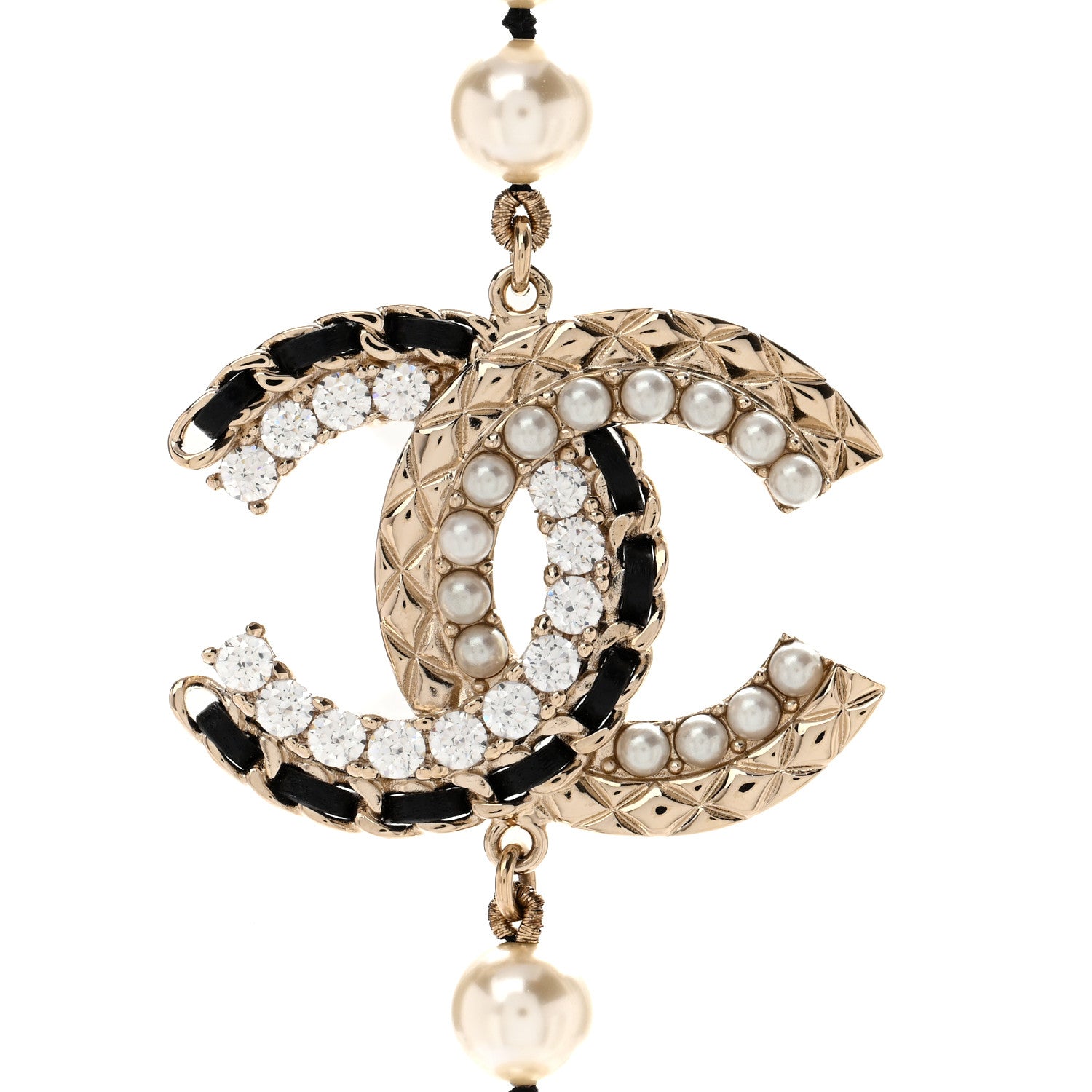 Chanel Pearl Crystal Lambskin CC Long Necklace Gold Black 4 of 5