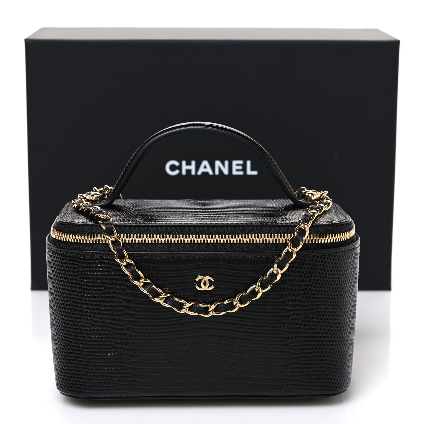 Calfskin Lizard Embossed Top Handle Vanity With Chain Black