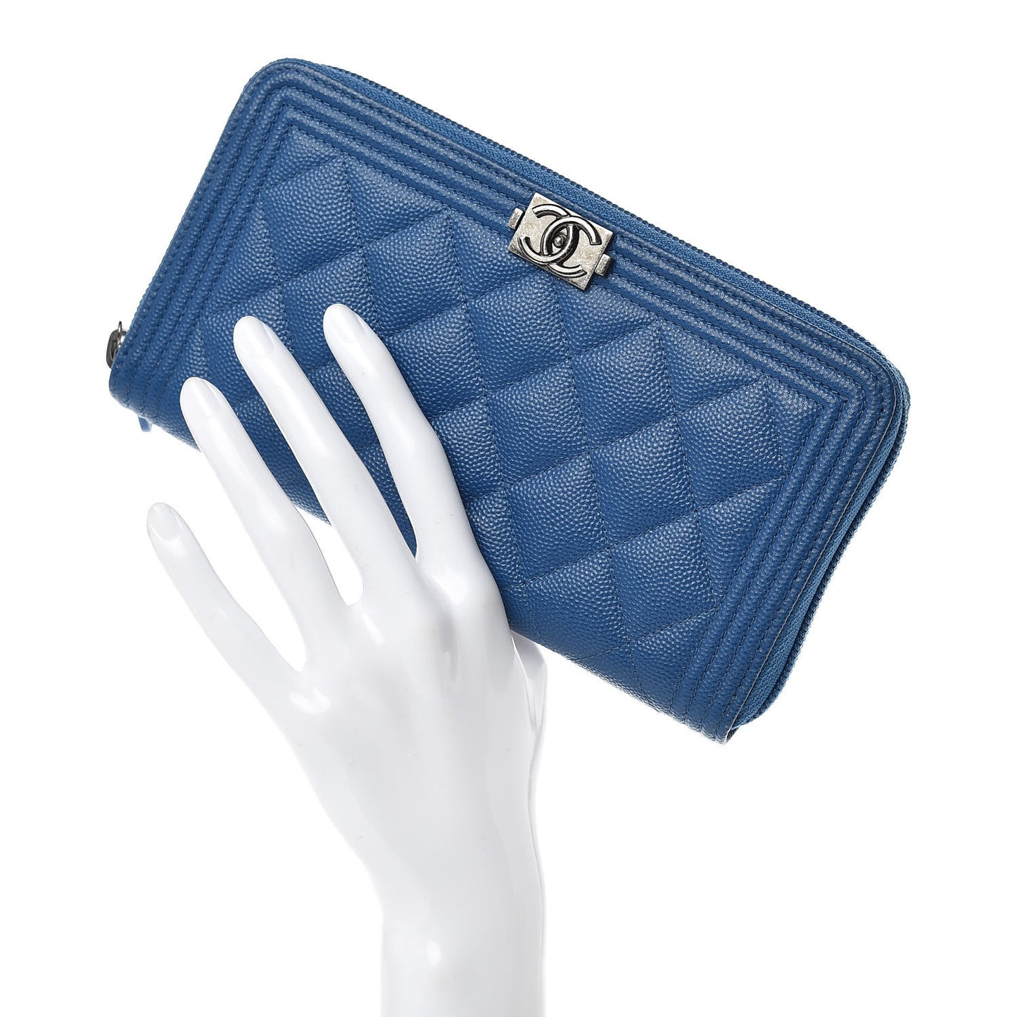 Caviar Quilted Large Zip Around Boy Wallet Blue