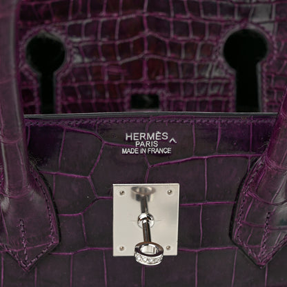 Hermes Shiny Porosus Crocodile 18K White Gold Diamond Birkin 35 Amethyst 6 of 12