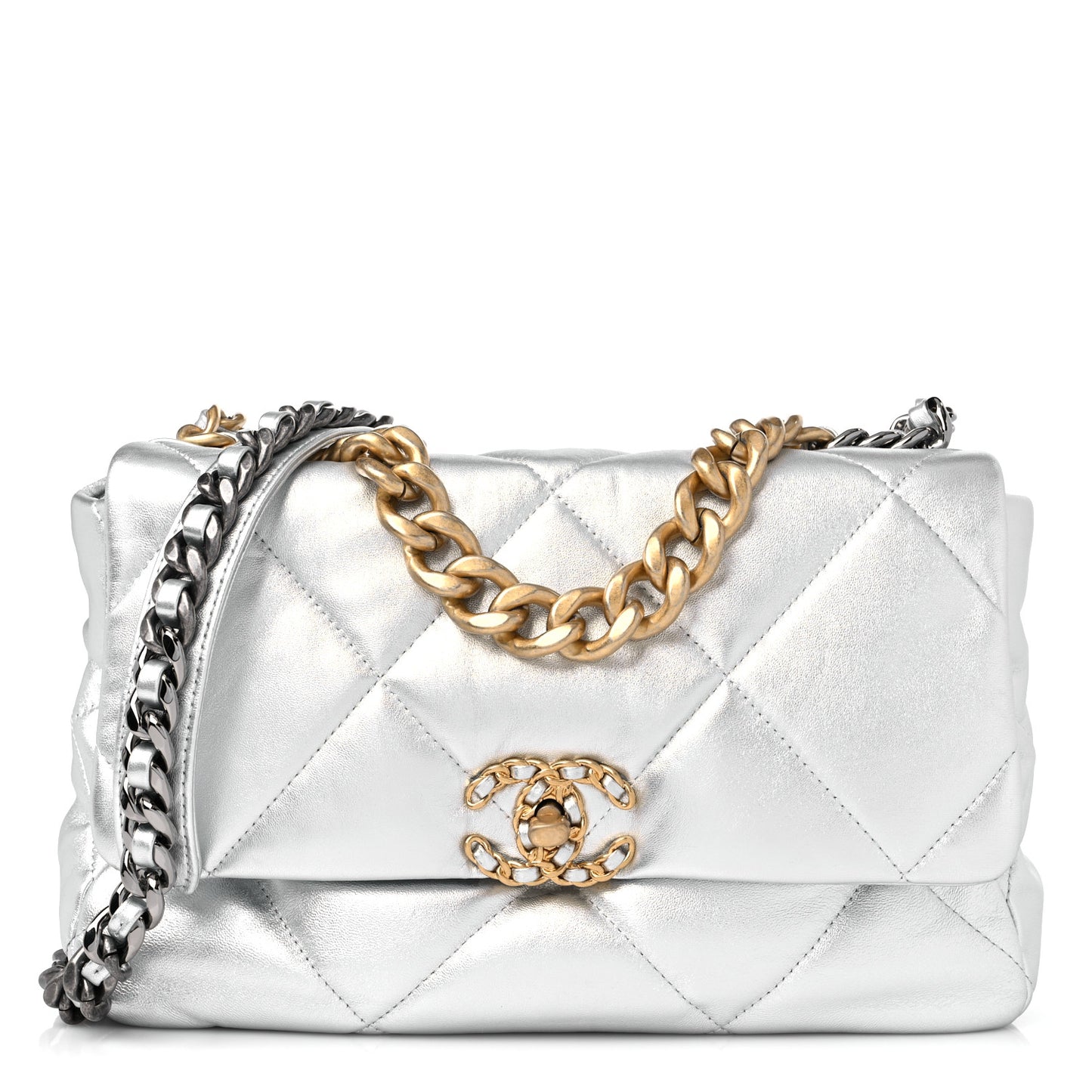 Metallic Lambskin Quilted Large Chanel 19 Flap Silver