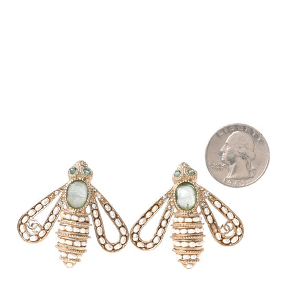 Chanel Metal Crystal Pearl Resin CC Bee Earrings Gold Turquoise 2 of 5