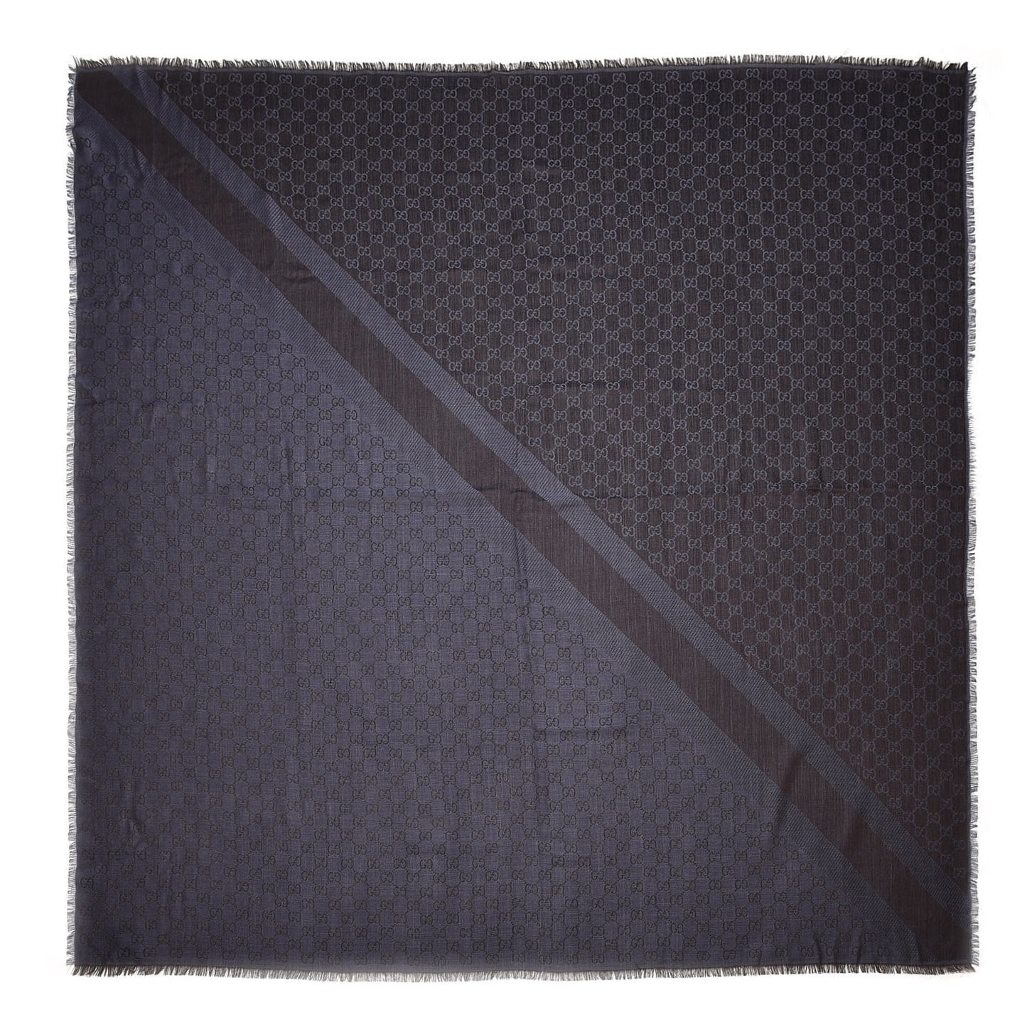 Wool Silk Monogram GGWeb Fringe Shawl Navy Blue