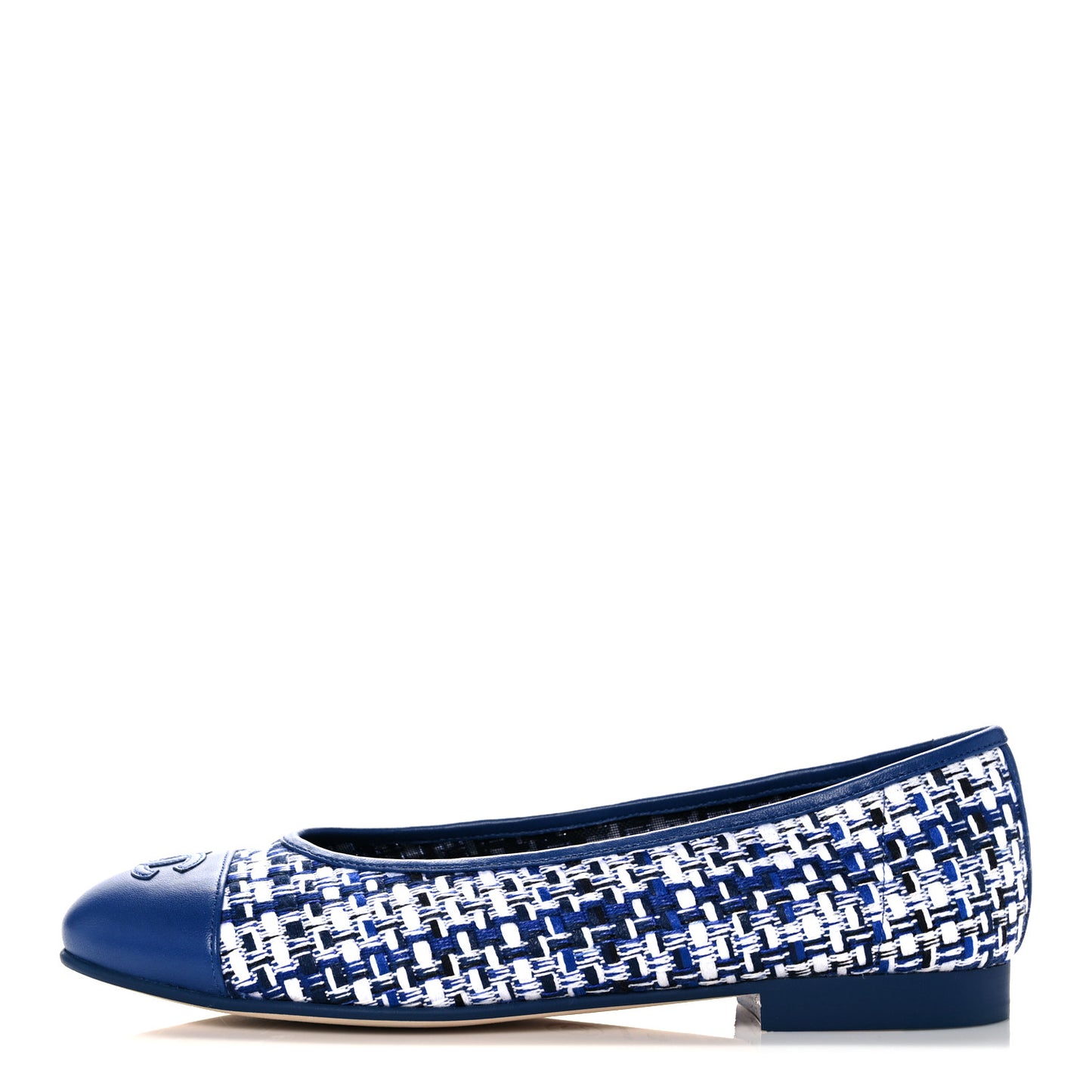 Tweed Lambskin CC Cap Toe Ballerina Flats 37.5 White Blue