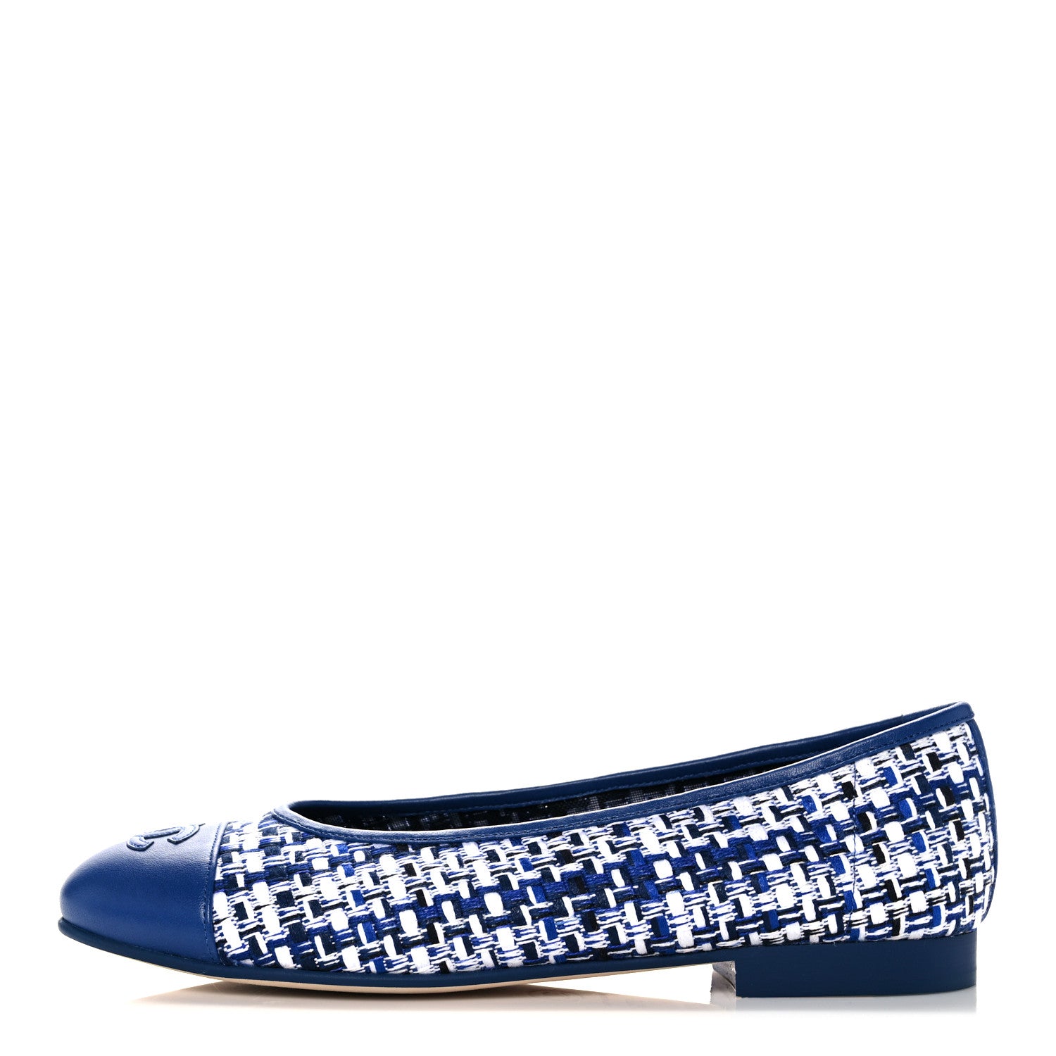 Chanel Tweed Lambskin CC Cap Toe Ballerina Flats 37.5 White Blue 1 of 9