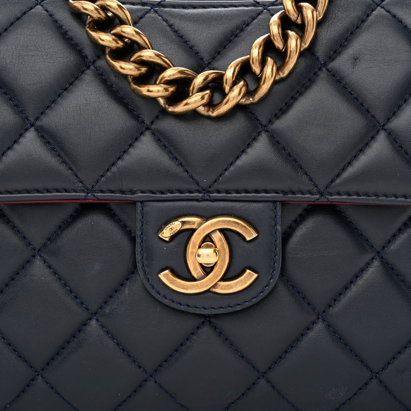 Calfskin Quilted Large Perfect Edge Flap Navy