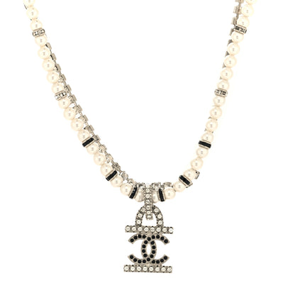 Chanel Pearl Crystal CC Choker Necklace Silver White Black 3 of 5