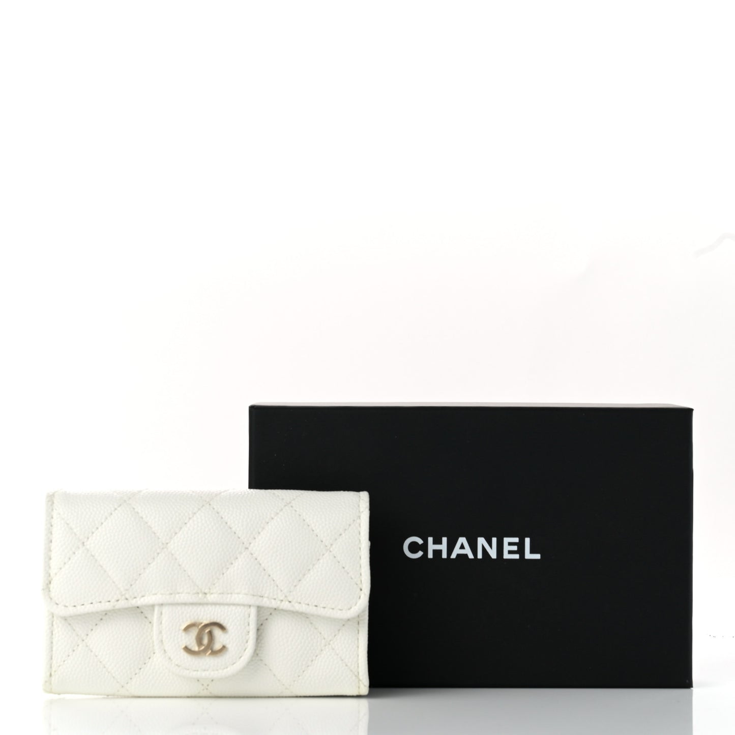 Caviar Quilted Flap Card Holder Wallet White