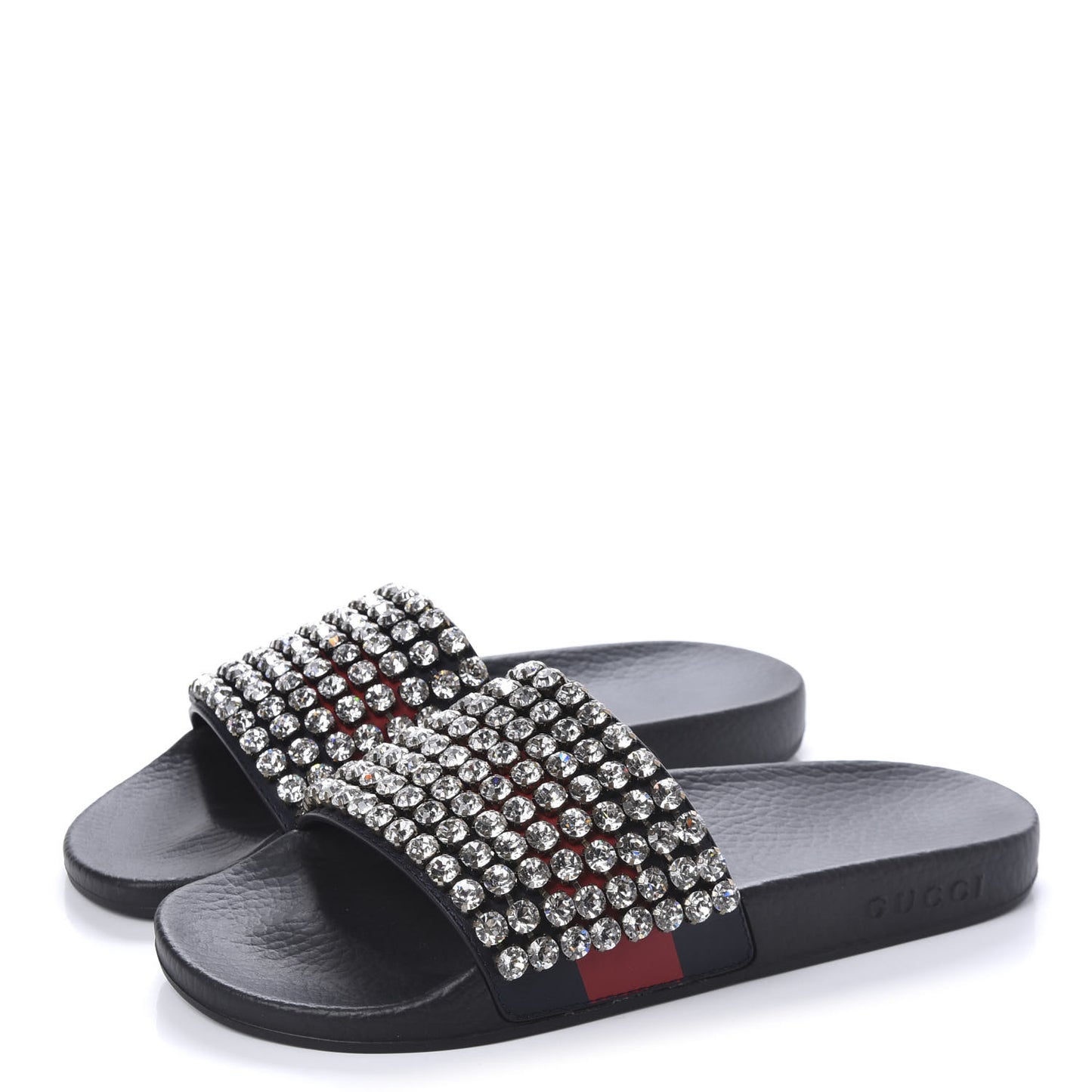 Calfskin Crystal Embellished Web Slide Sandals 38 Blue Red