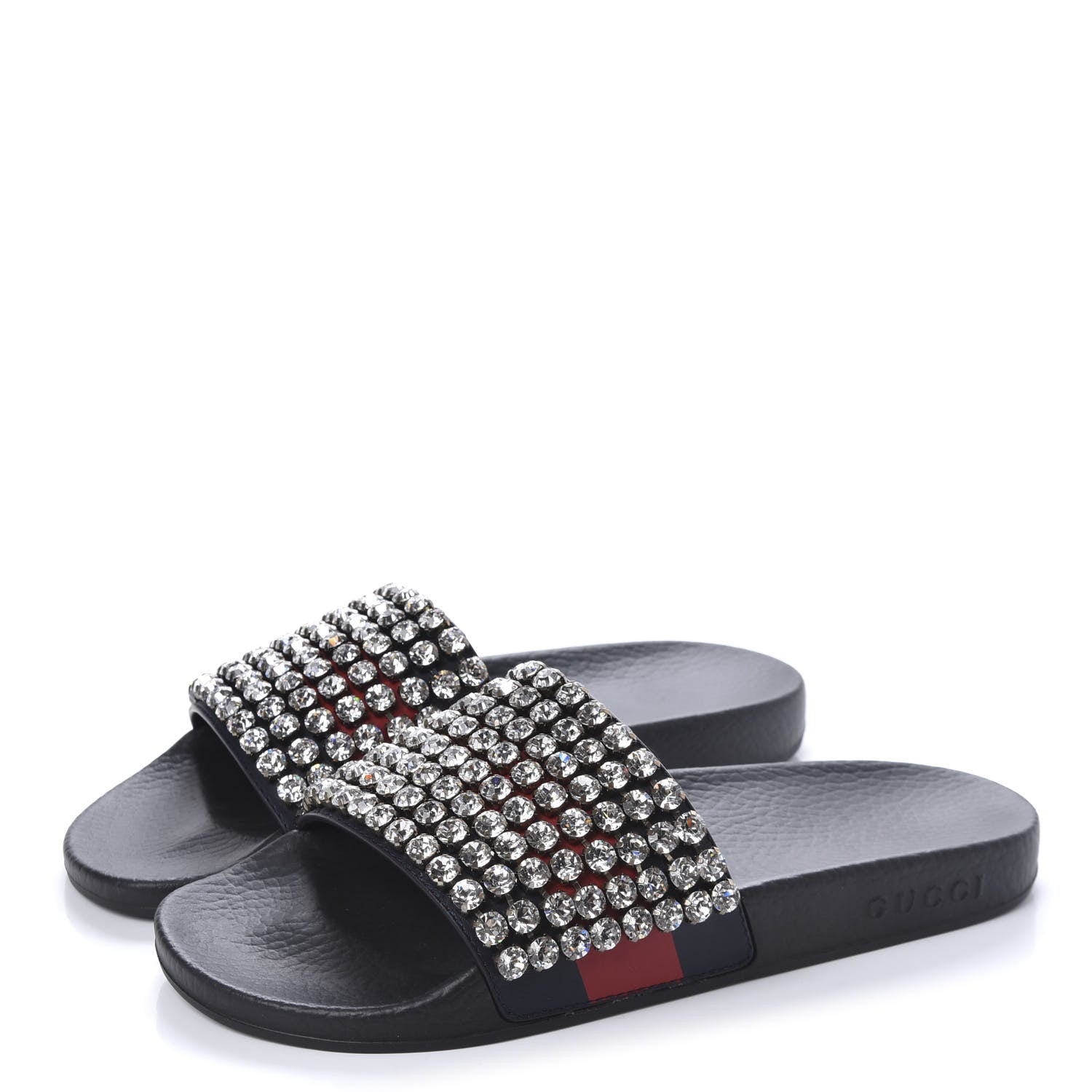 Gucci Calfskin Crystal Embellished Web Slide Sandals 38 Blue Red 3 of 9
