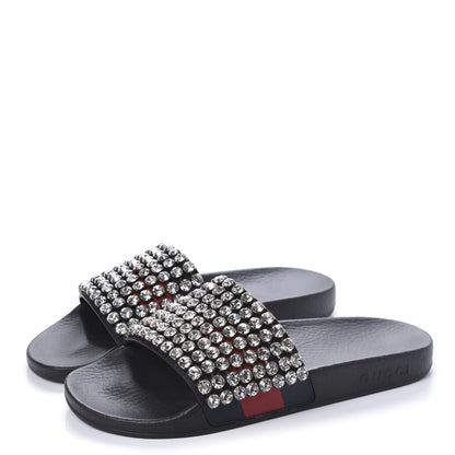 Gucci Calfskin Crystal Embellished Web Slide Sandals 38 Blue Red 3 of 9