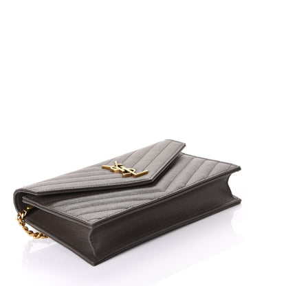 Saint Laurent Grain De Poudre Matelasse Chevron Monogram Envelope Chain Wallet Pebble 3 of 7