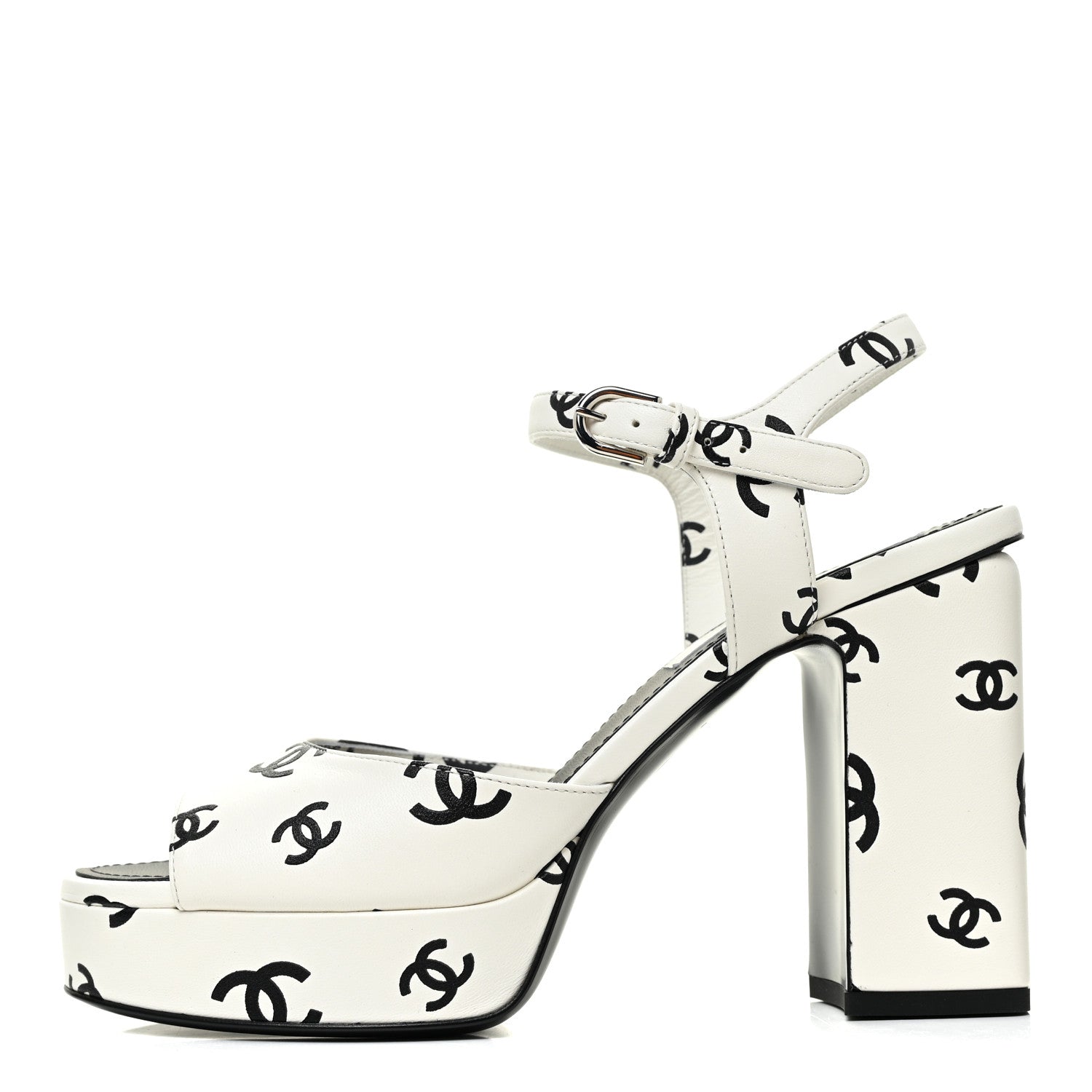 Chanel Printed Lambskin Coco Beach Platform Sandals 38 White Black 1 of 12