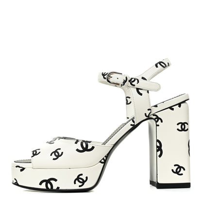 Chanel Printed Lambskin Coco Beach Platform Sandals 38 White Black 1 of 12