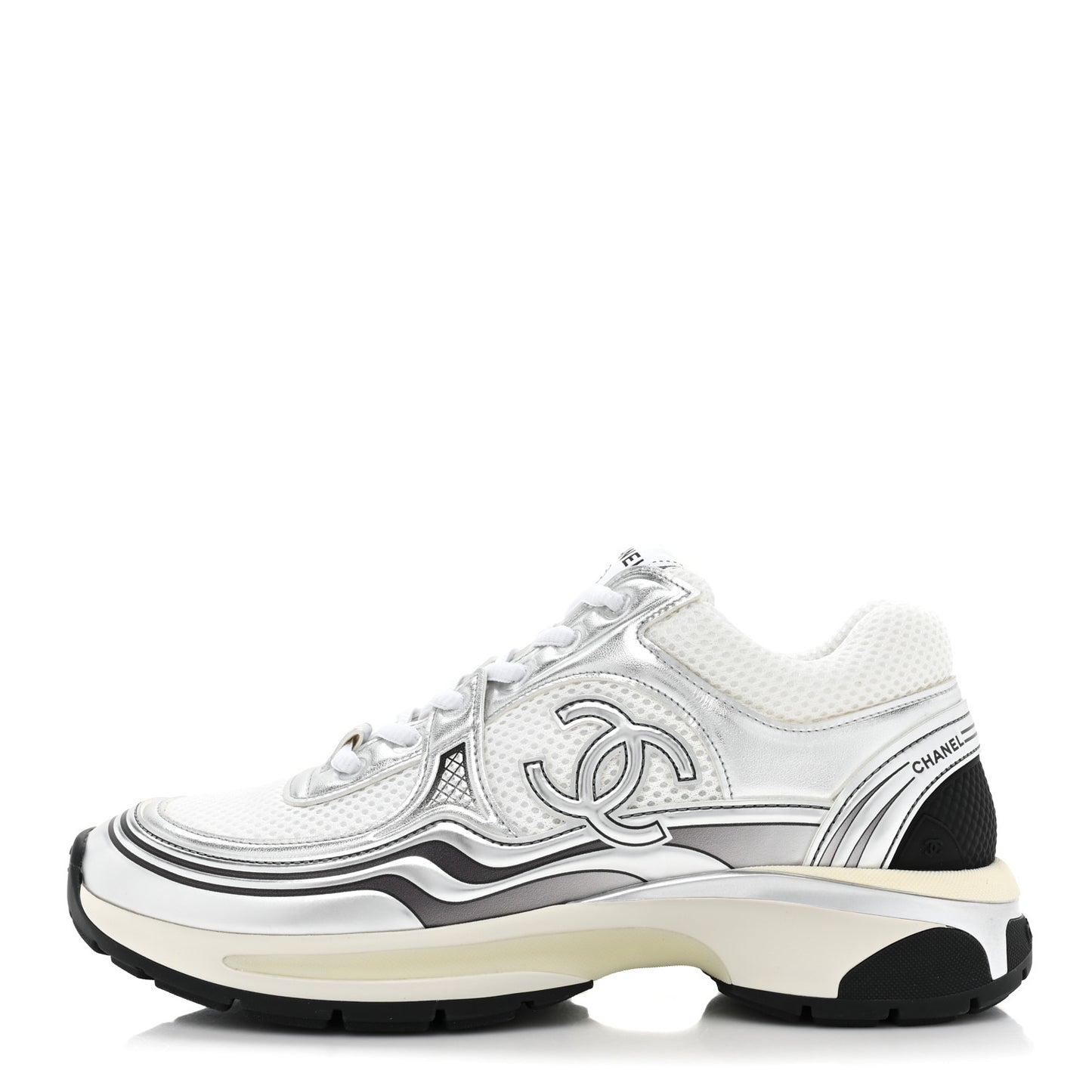 Fabric Laminated Calfskin Stretch CC Womens Sneakers 38.5 White Silver