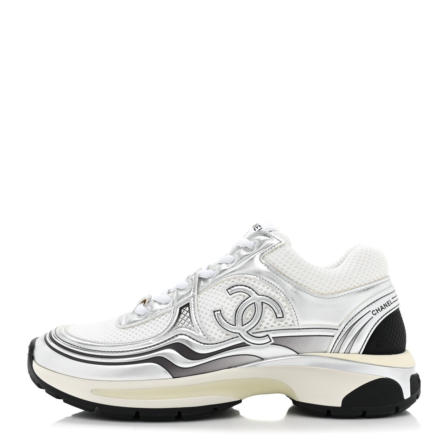 Chanel Fabric Laminated Calfskin Stretch CC Womens Sneakers 38.5 White Silver 1 of 10
