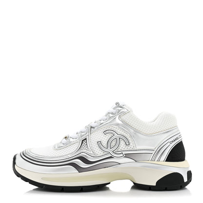 Chanel Fabric Laminated Calfskin Stretch CC Womens Sneakers 38.5 White Silver 1 of 10