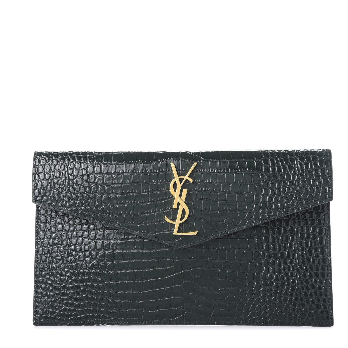 Calfskin Crocodile Embossed Uptown Monogram Clutch Dark Green