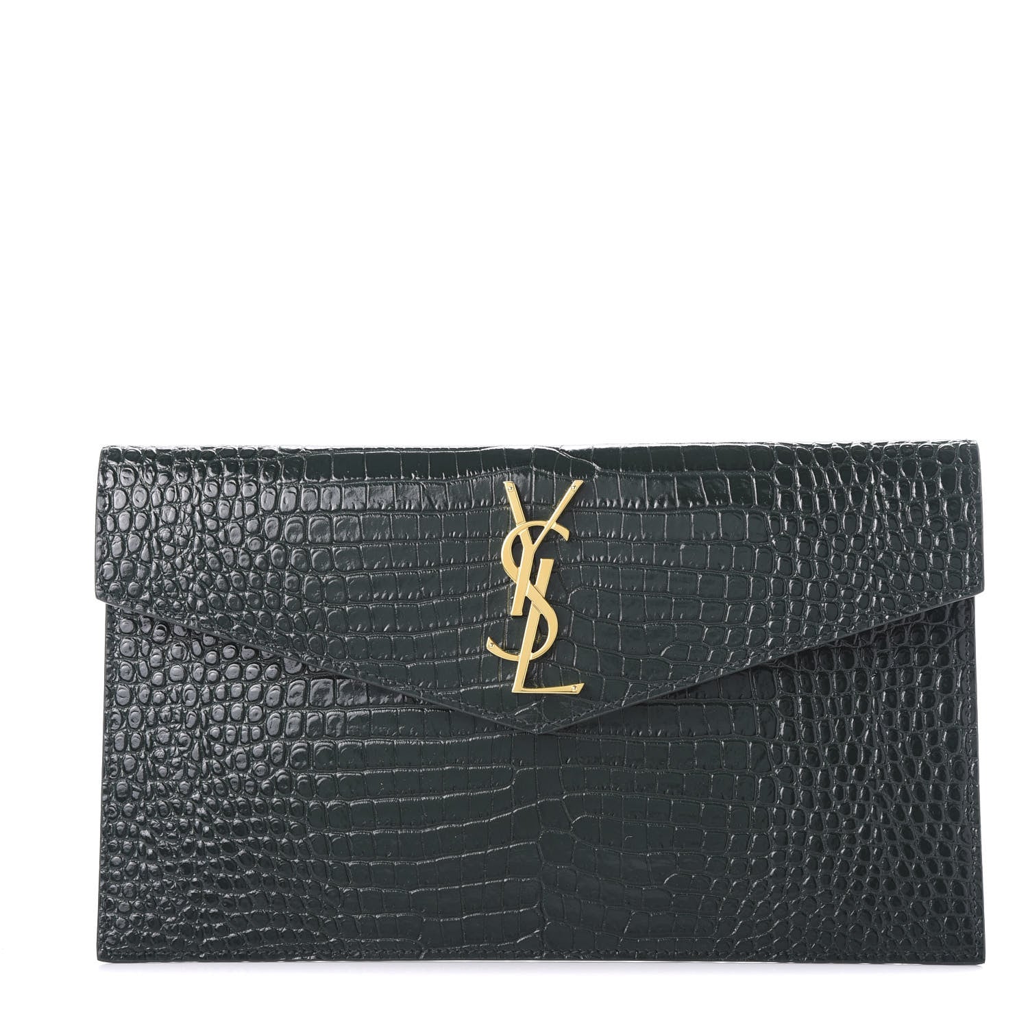 Saint Laurent Calfskin Crocodile Embossed Uptown Monogram Clutch Dark Green 1 of 9