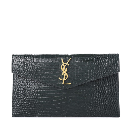 Saint Laurent Calfskin Crocodile Embossed Uptown Monogram Clutch Dark Green 1 of 9