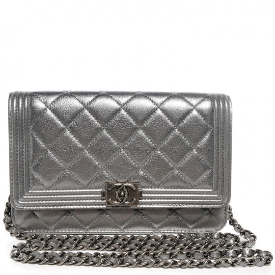 Metallic Calfskin Quilted Boy Wallet On Chain WOC Silver
