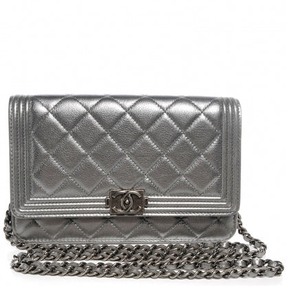 Chanel Metallic Calfskin Quilted Boy Wallet On Chain WOC Silver 1 of 8
