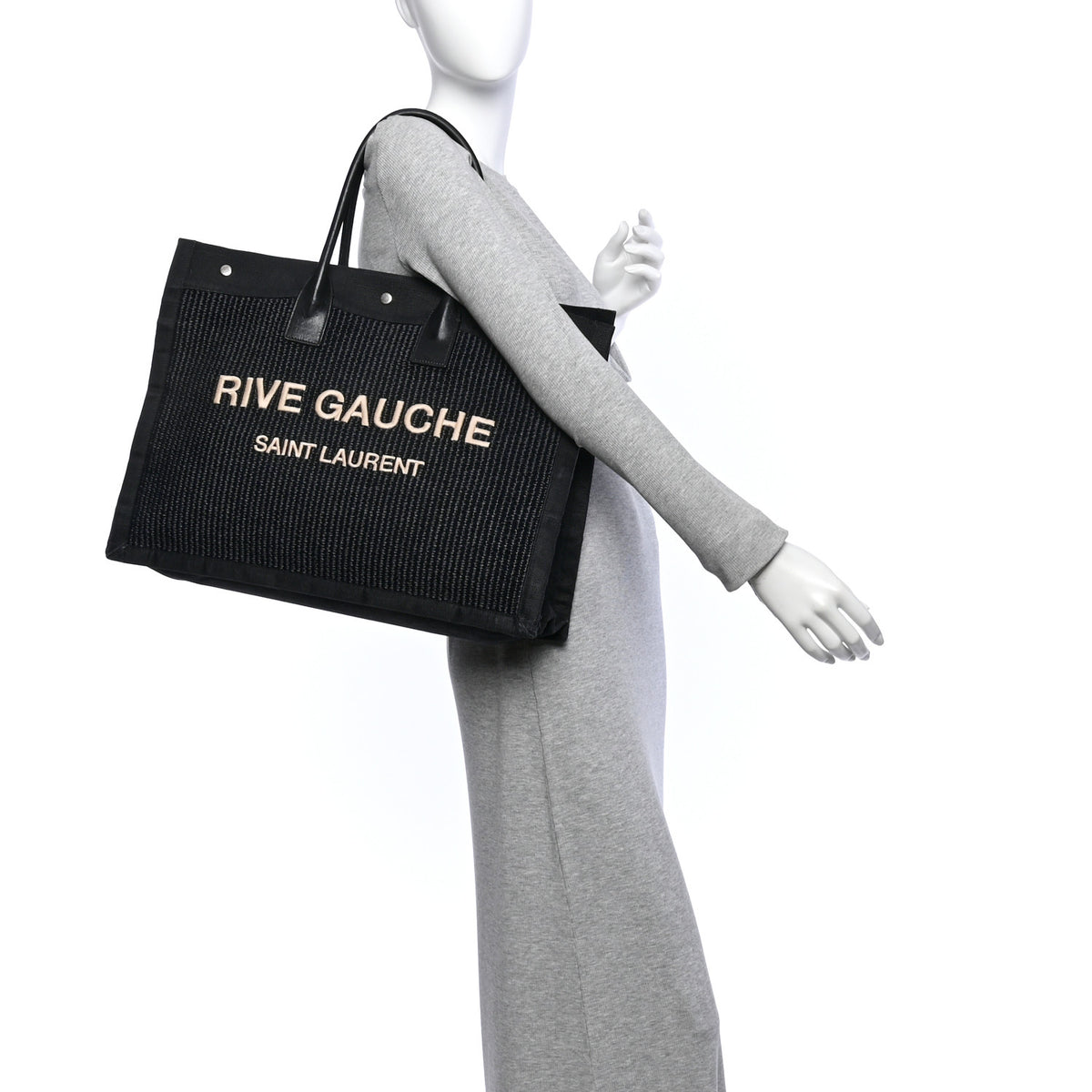 Saint Laurent Raffia Linen Calfskin Rive Gauche Tote Black 2 of 14