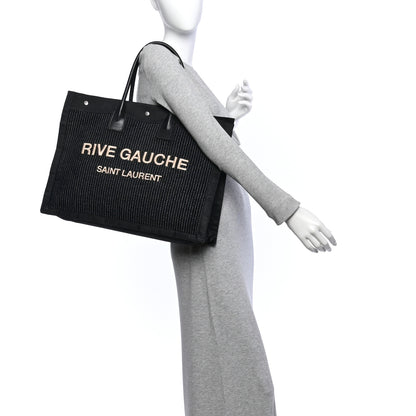 Saint Laurent Raffia Linen Calfskin Rive Gauche Tote Black 2 of 14