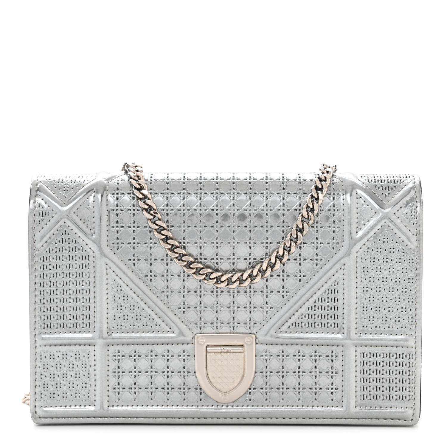 Christian Dior Metallic Patent Micro-Cannage Diorama Wallet on Chain Pouch Silver 1 of 11