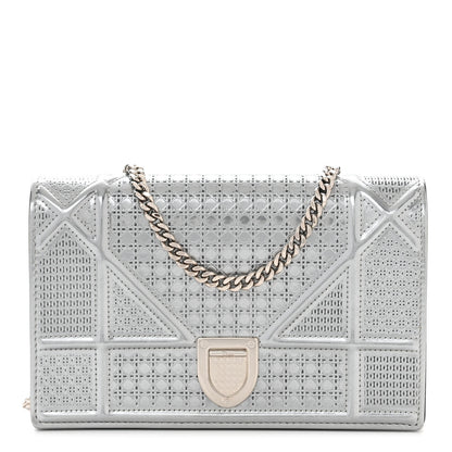 Christian Dior Metallic Patent Micro-Cannage Diorama Wallet on Chain Pouch Silver 1 of 11