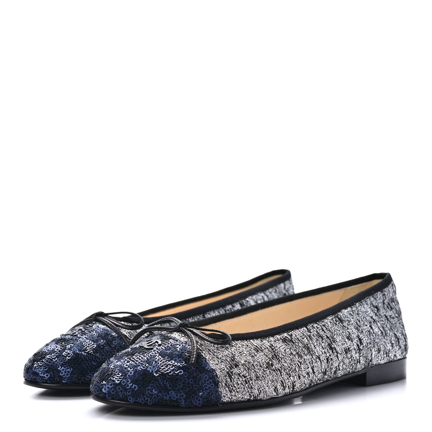 Tweed Sequin Cap Toe Ballerina Flats 39 Black Blue