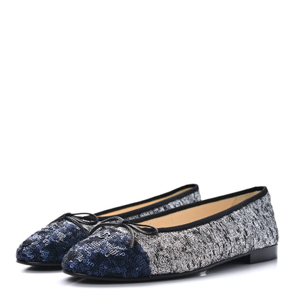 Chanel Tweed Sequin Cap Toe Ballerina Flats 39 Black Blue 3 of 8