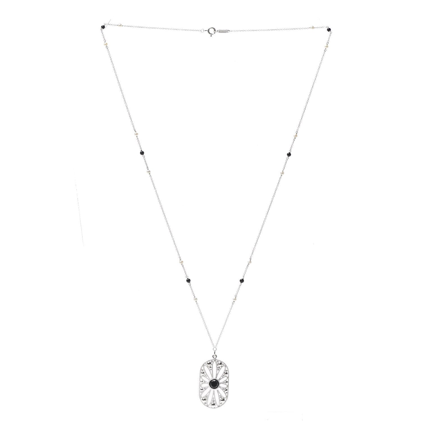Sterling Silver Black Onyx Pearl Ziegfeld Daisy Pendant Necklace
