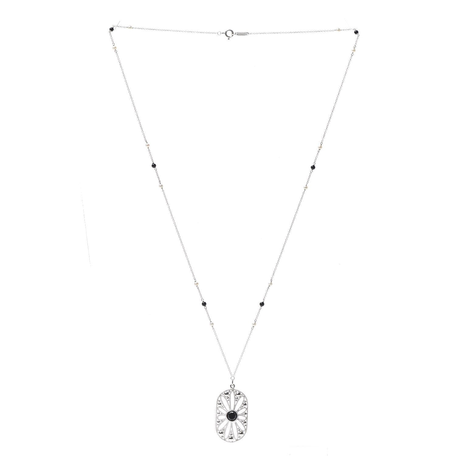 Tiffany Sterling Silver Black Onyx Pearl Ziegfeld Daisy Pendant Necklace 3 of 6