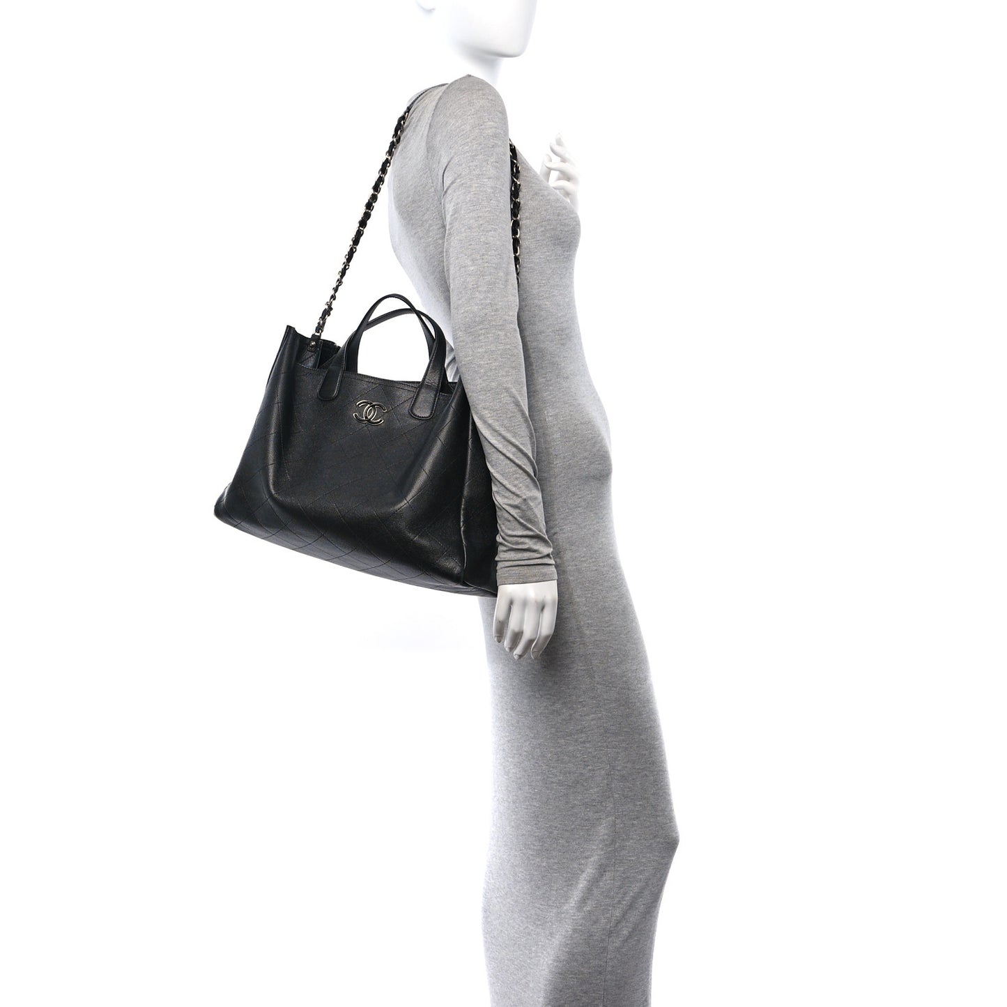 Caviar Stitched Large Shopping Tote Black