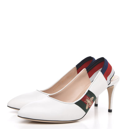 Gucci Malaga Kid Web Sylvie Mid Heel Slingback Pumps 37.5 White 3 of 9