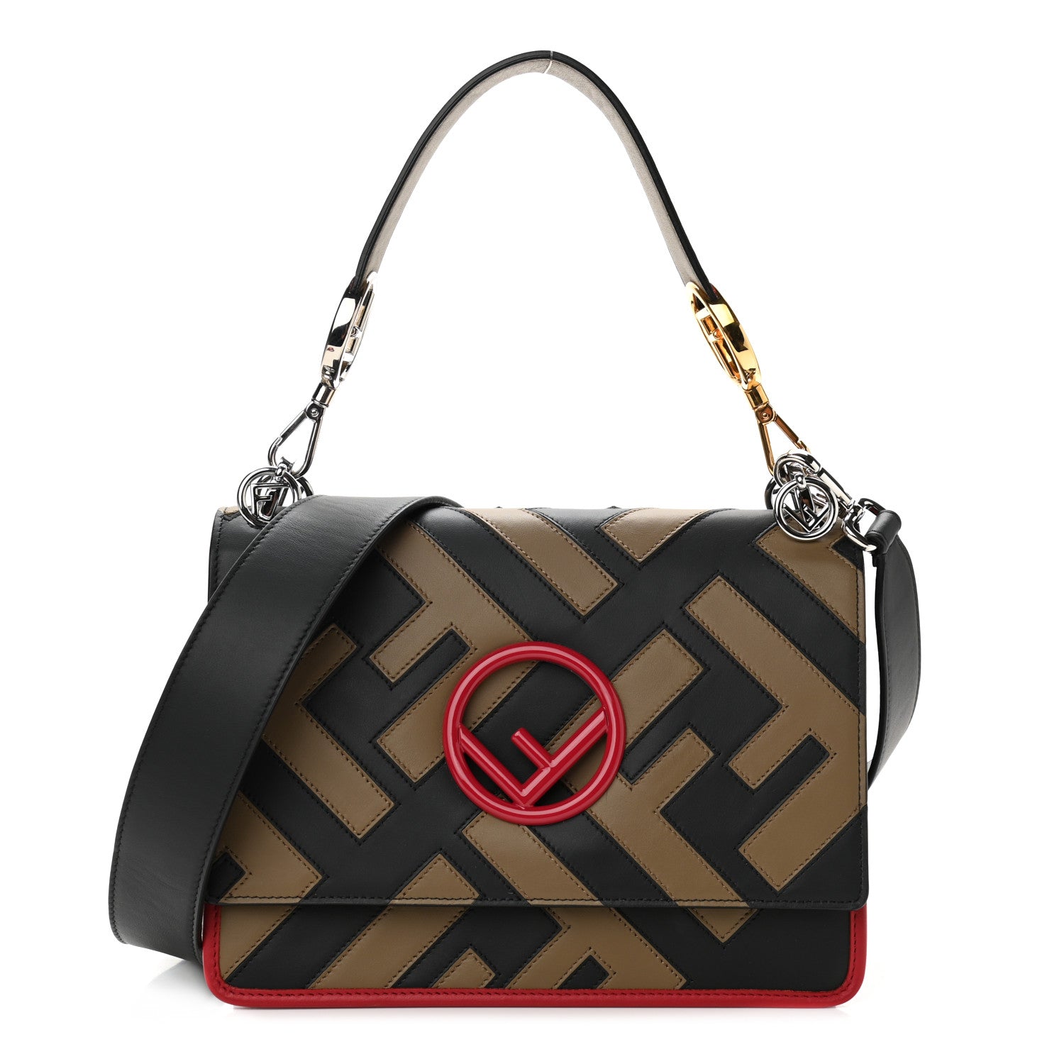 Fendi Vitello Century F is Fendi FF Diagonal Inlay Kan I Shoulder Bag Fango Black Fragola 1 of 11