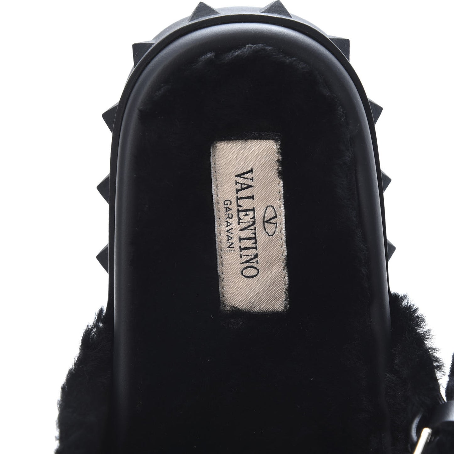 Shearling Rockstud Slide Sandals 38 Black