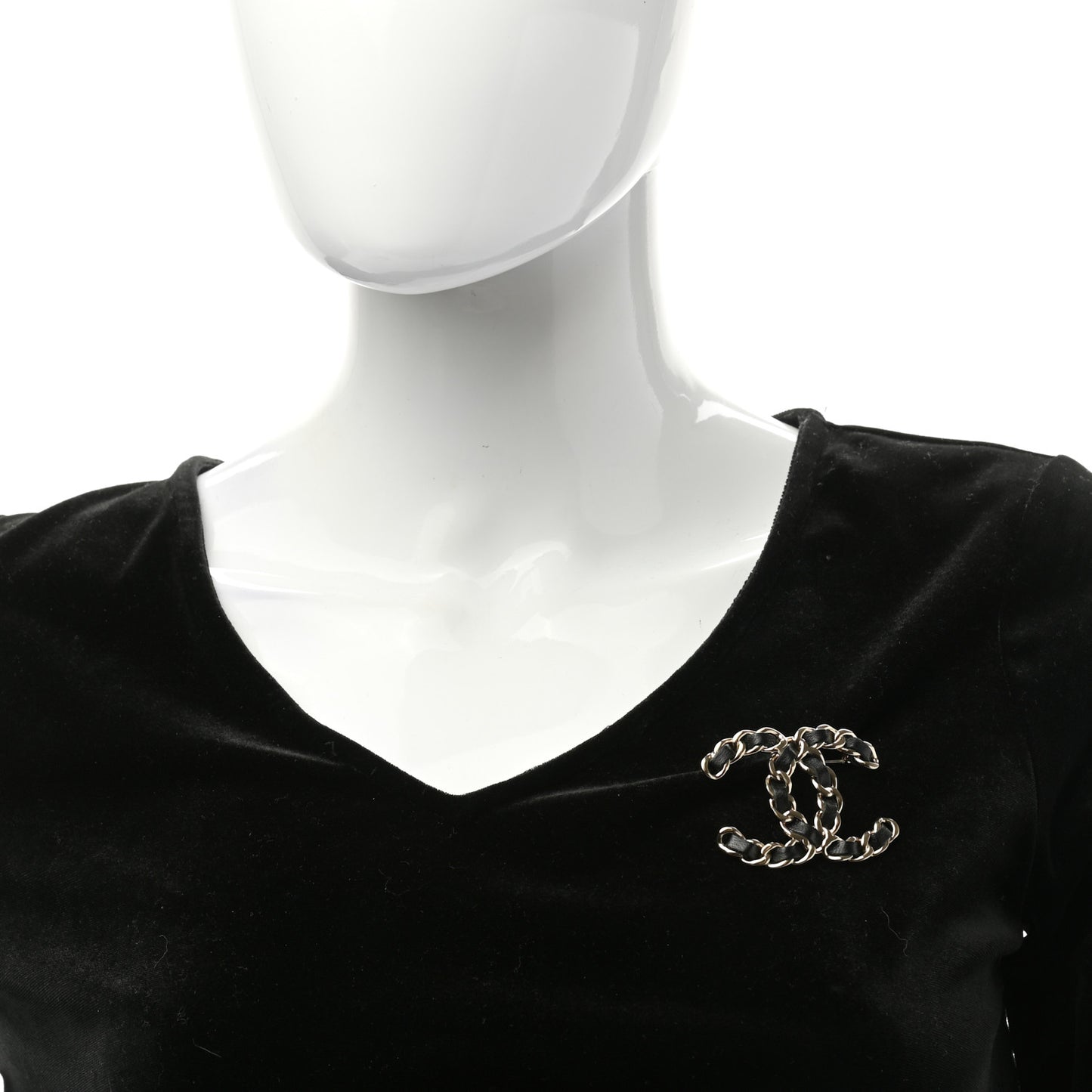 Lambskin Chain CC Brooch Black Gold