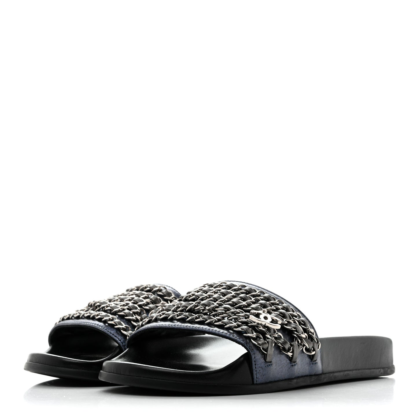 Fantasy Lambskin Chain Slides Sandals Flats 35 Blue