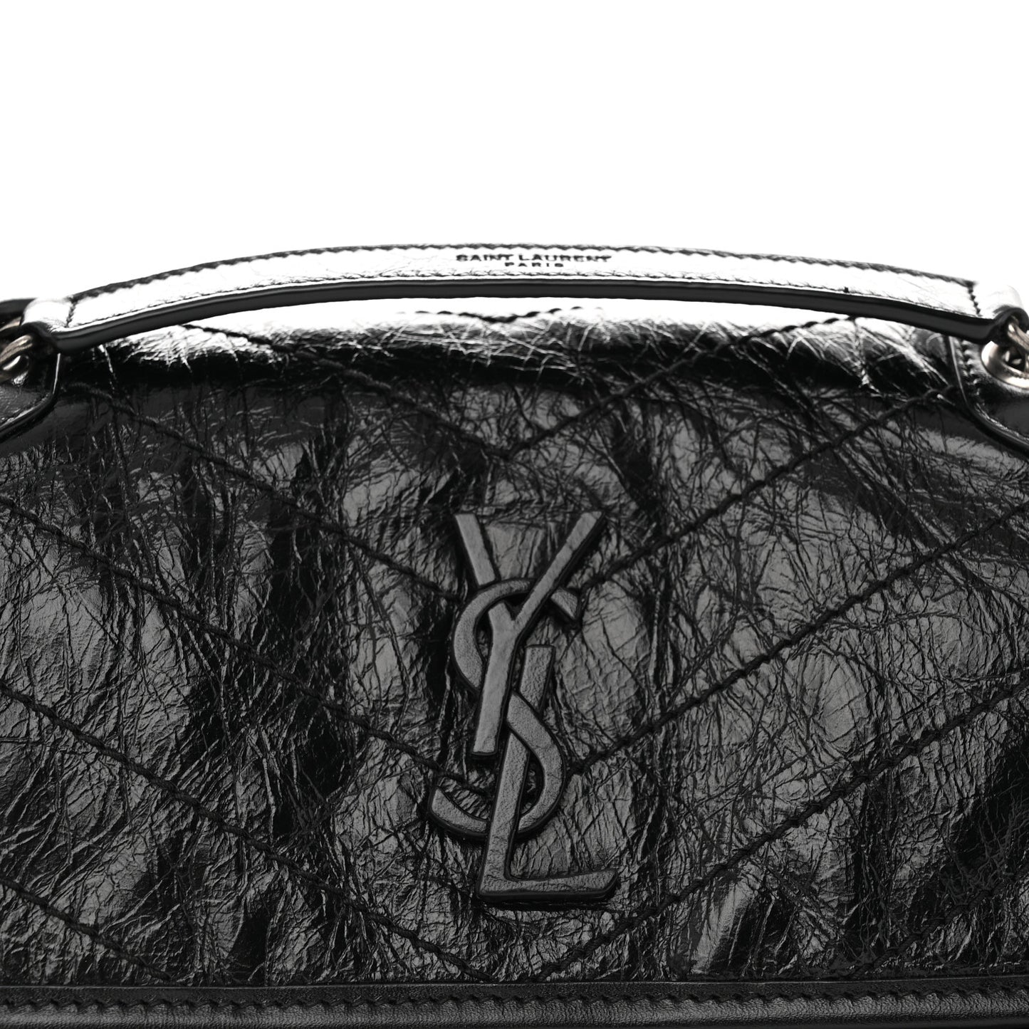 Crinkled Calfskin Matelasse Monogram Baby Niki Chain Satchel Black