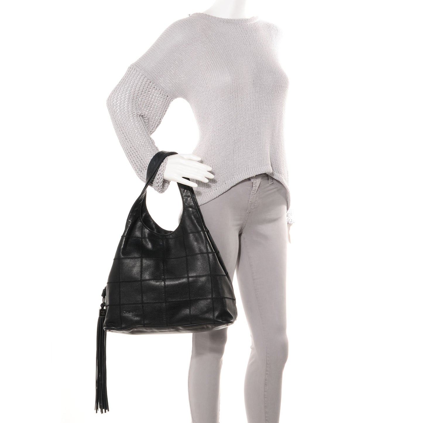 Square Stitched Large Tassel Hobo Black