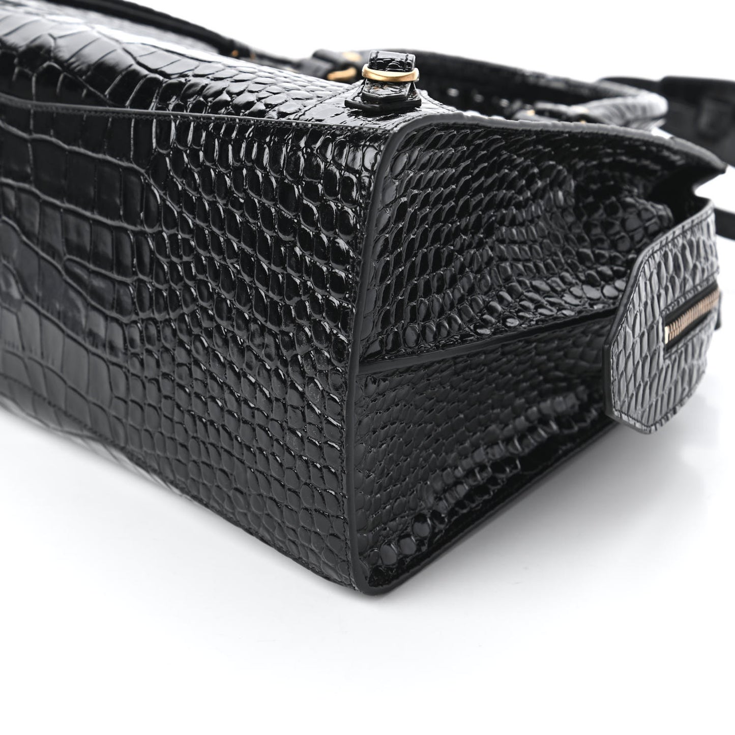 Shiny Supple Calfskin Crocodile Embossed Brass Hardware Neo Classic City Black